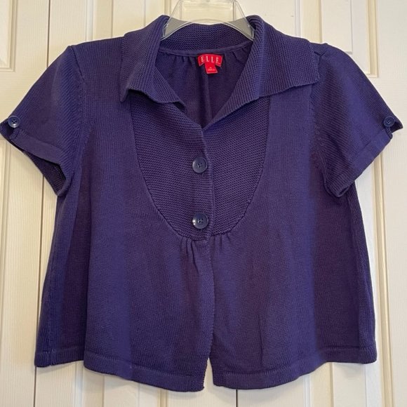 ELLE Purple Cardigan Short Sleeve Knit Crochet Sweater Button Top Size XL - Picture 2 of 10